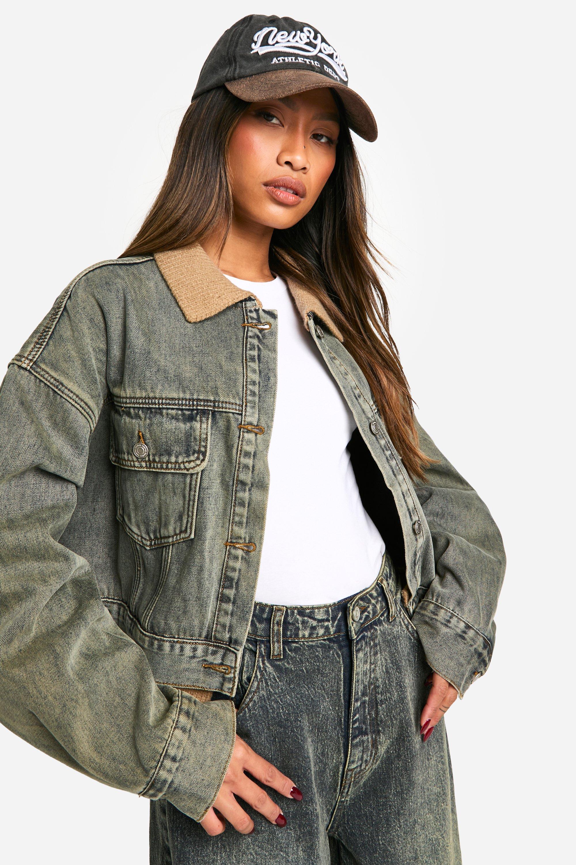 Women s Khaki Denim Jackets boohoo UK